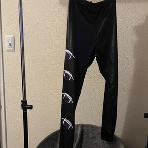 Faux Leather Black Football Print Leggings w/ Purple Sequin Footballs